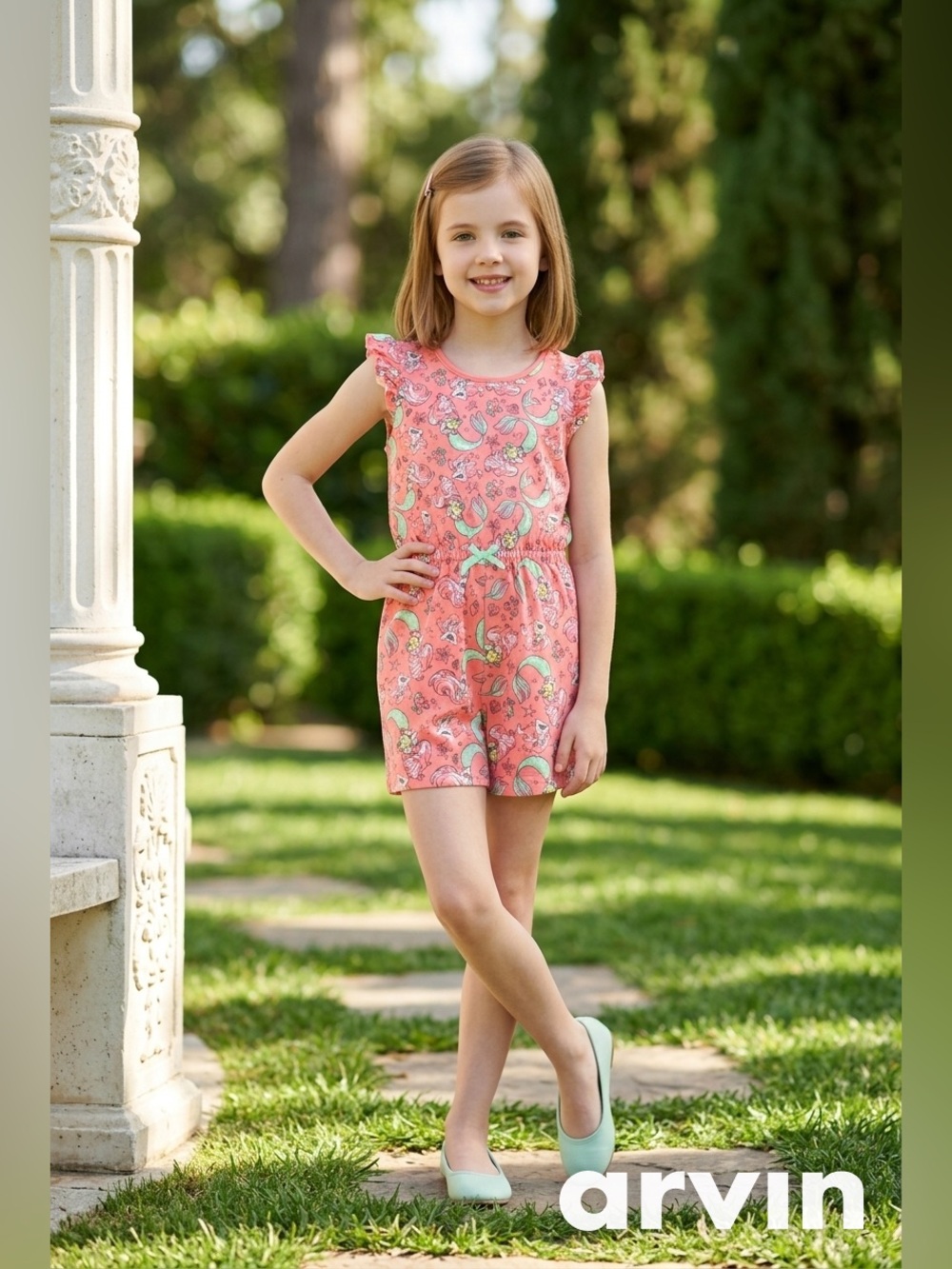 Disney Coral Mermaid Print Girls Romper with Mint Accents NWOT